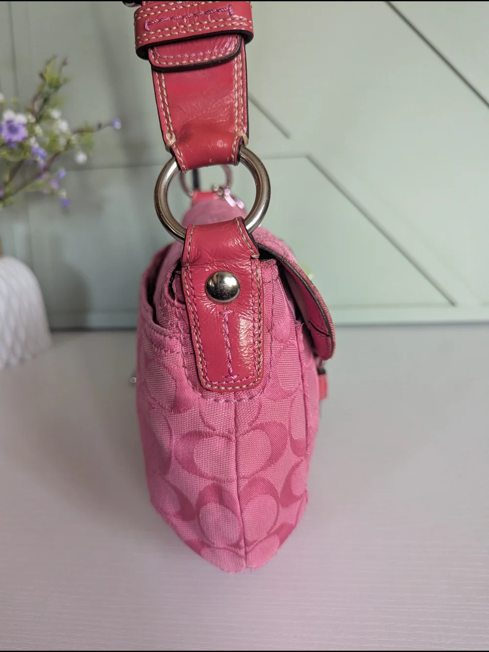 Coach Pink Signature Shoulder Bag with Buckle and Charm